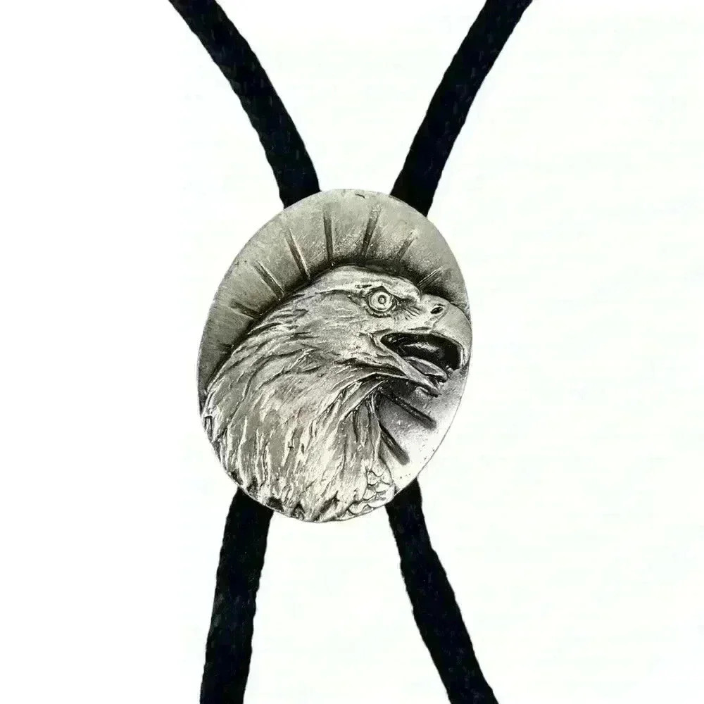 Boho Southwestern Black Bolo Tie -  Silver Metal Eagle Head, Retro Cowboy Style